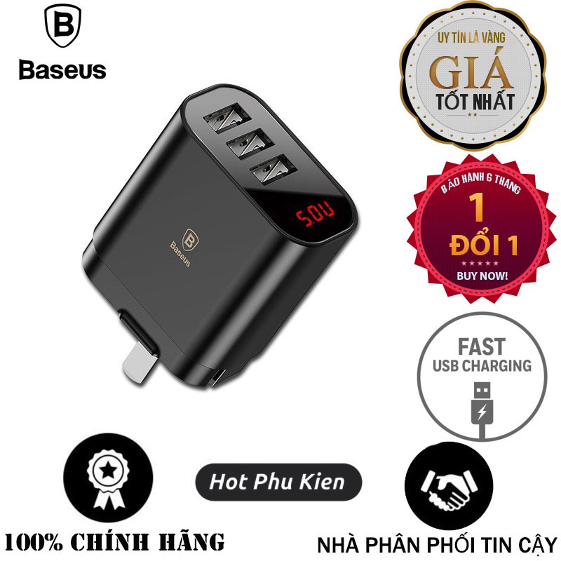 Củ cốc sạc nhanh Baseus Mirror Travel Chip IC thông minh điều chỉnh dòng điện 3 cổng USB (Đầu dẹt) (Bảo Hành 6 tháng)