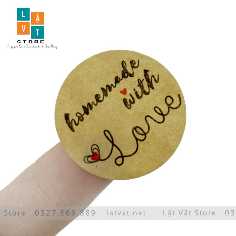 Tem tròn decal Homemade with Love, gián sản phẩm cảm ơn tri ân khách hàng, trang trí đồ vật sản phẩm, shop online
