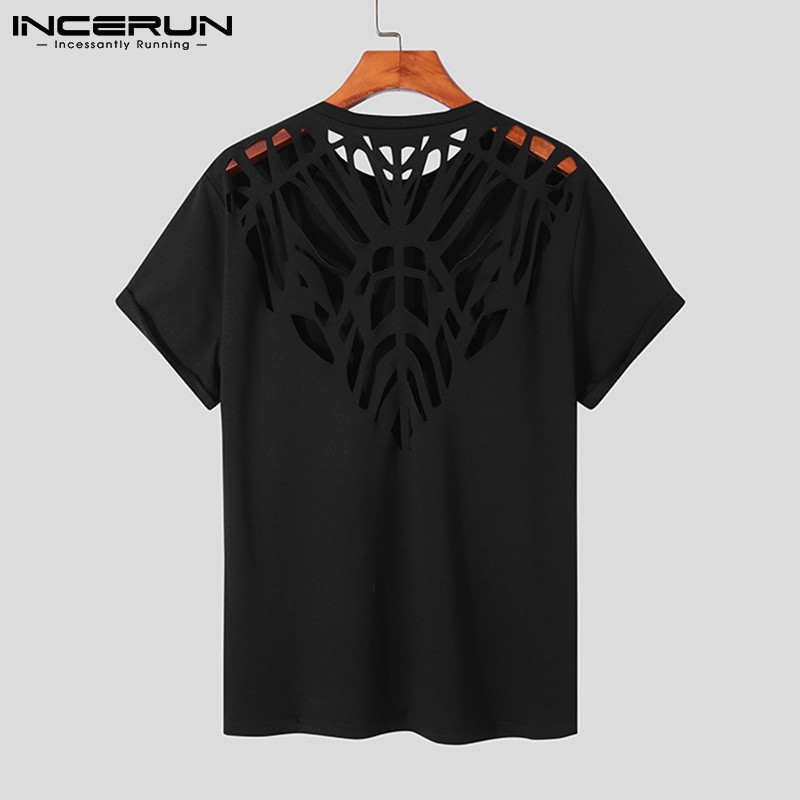 Áo thun nam INCERUN màu đen trơn tay ngắn lưng rỗng cá tính thời trang