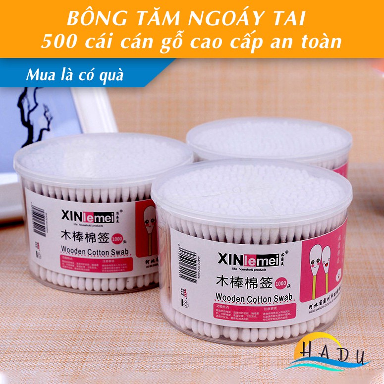 [FLASH SALE 3 NGÀY] Bông tăm ngoáy tai HADU tay cầm gỗ bông tự nhiên tinh khiết an toàn sức khỏe hộp 500 chiếc