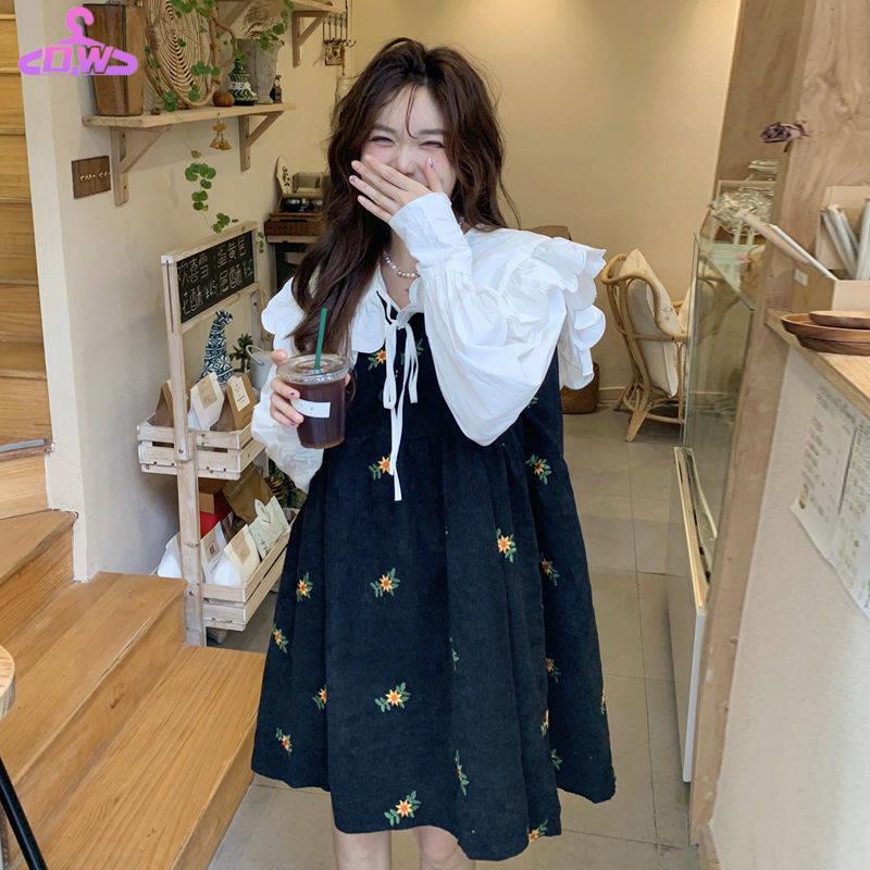 Váy yếm Đầm Hoa Nhỏ Không Tay + Áo Sơ Mi Cổ Búp Bê Dáng Rộng Phong Cách Mới Mùa Thu 2021