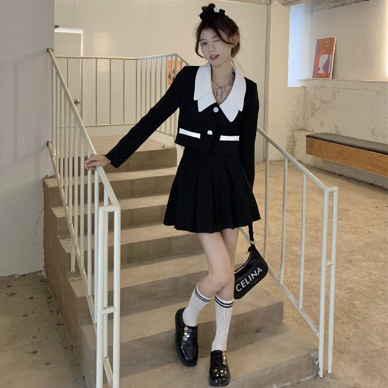 Set Áo Khoác Tay Dài + Chân Váy Xếp Ly Lưng Cao Phong Cách Hàn Quốc Cho Nữ