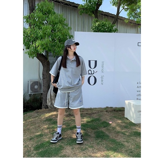 [ nặng 1kg ] Set đồ nữ form rộng unisex, áo polo cổ bẻ kèm quần short đùi thêu logo chất liệu cotton tổ ong