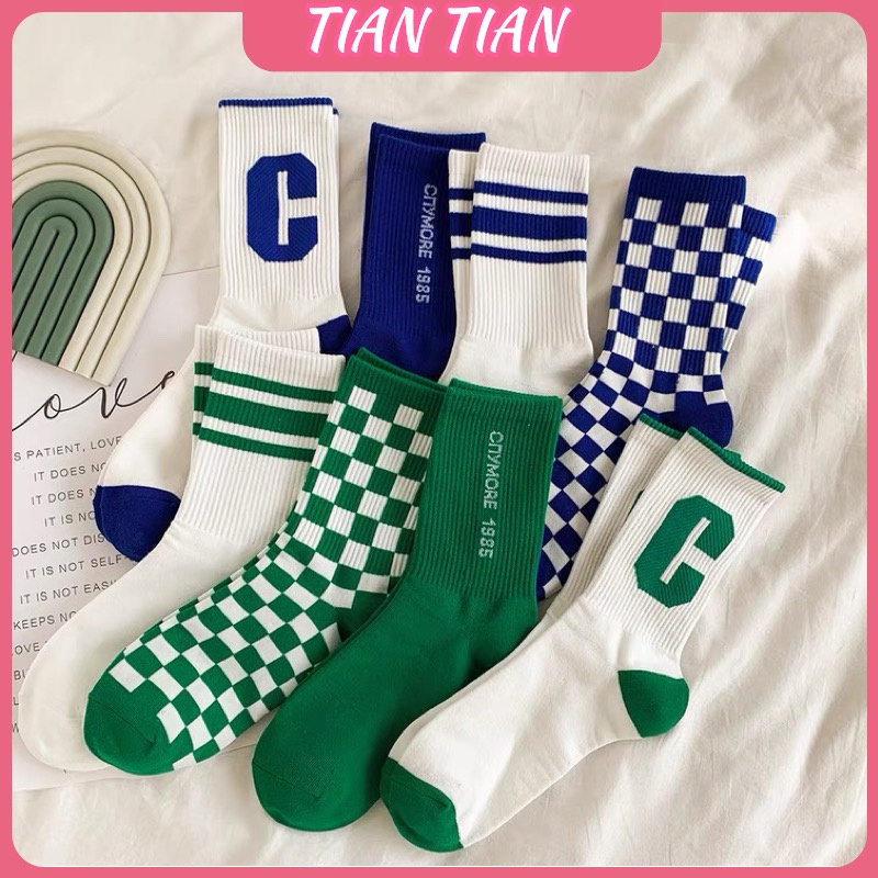 TIAN TIAN T166 Vớ Cotton Trơn Cổ Vừa In Caro Màu Xanh Dương Thời Trang Xuân Thu Dễ Phối Đồ Phong Cách Thể Thao Ngoài Trời Dành Cho Bạn Nữ