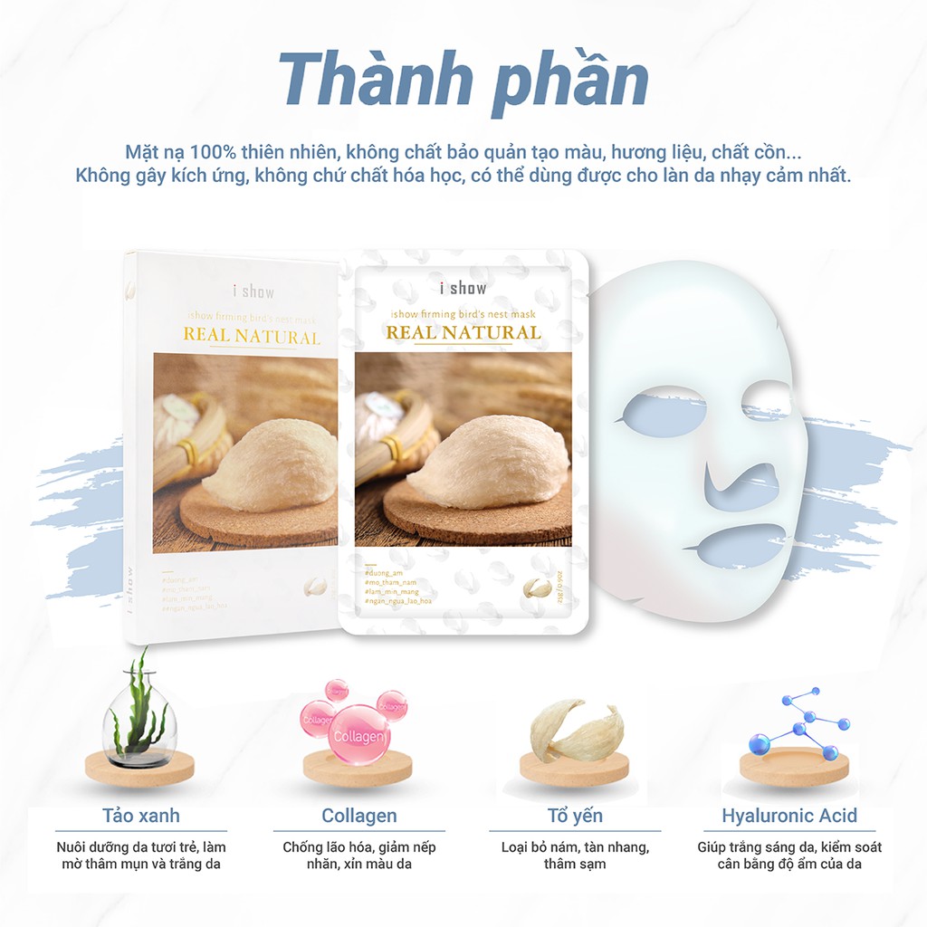 Hộp 5 Miếng Mặt Nạ Tổ Yến Dưỡng Trắng Da, Ngăn Ngừa Lão Hóa ishow Firming Bird's Nest Mask - TẶNG KHẨU TRANG 3 LỚP