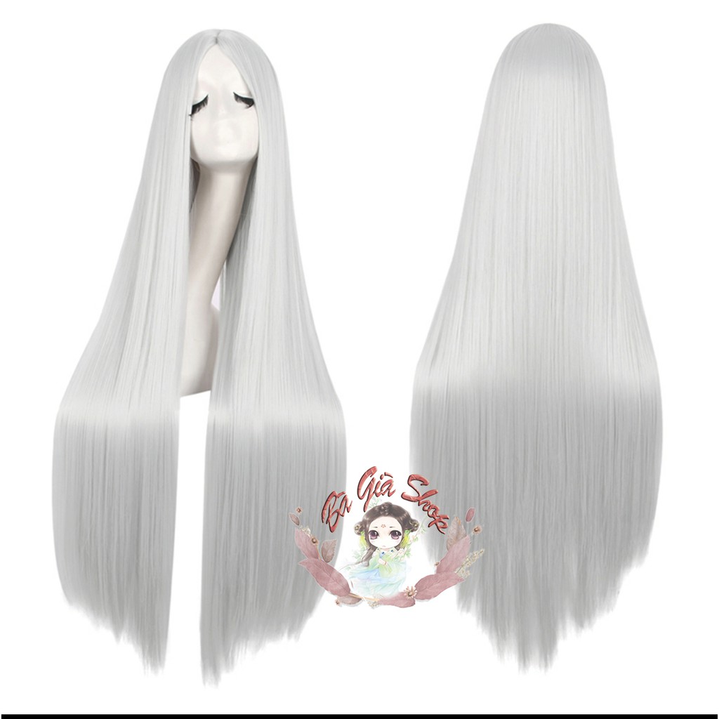 Tóc giả nguyên bộ không mái có da đầu wig cosplay 100cm màu trắng bạc
