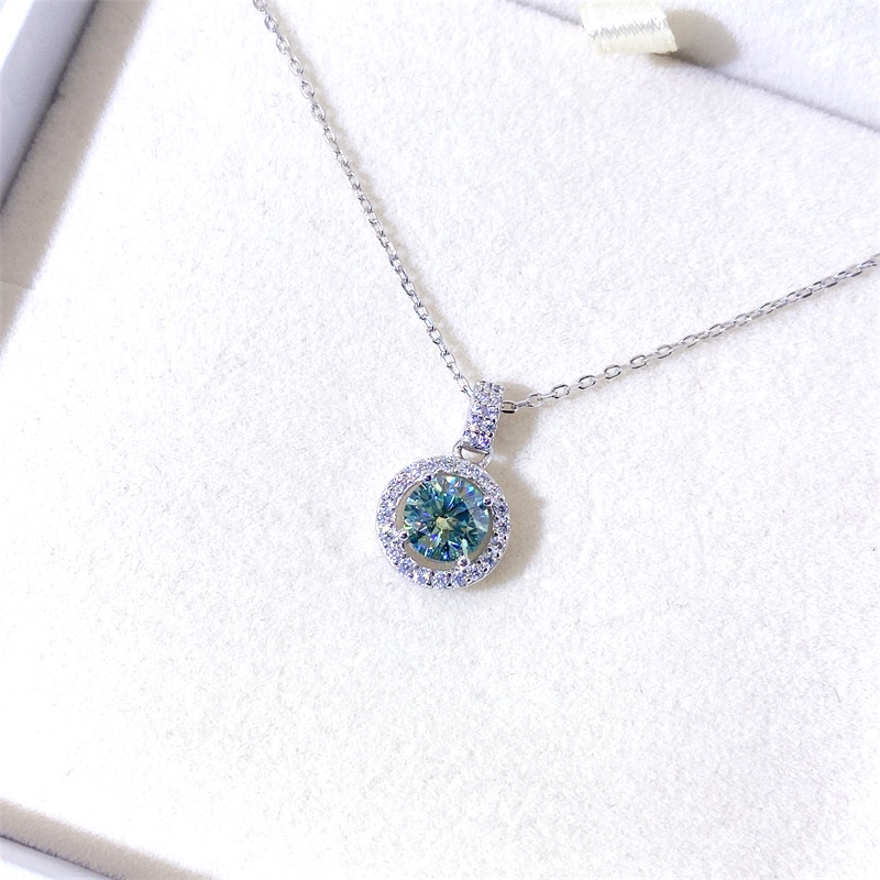 Dây Chuyền Kim Cương Mặt Tròn Màu Xanh Lá Cây Thời Trang Moissanite