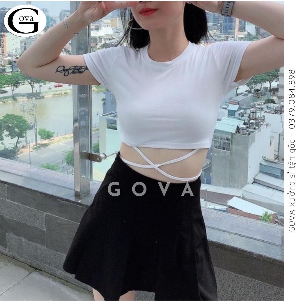 Áo Croptop TAY NGẮN DÂY QUẤN BỤNG Thun Borip Kiểu Sexy Nữ, Áo Thun Ôm Body Đẹp GOVA