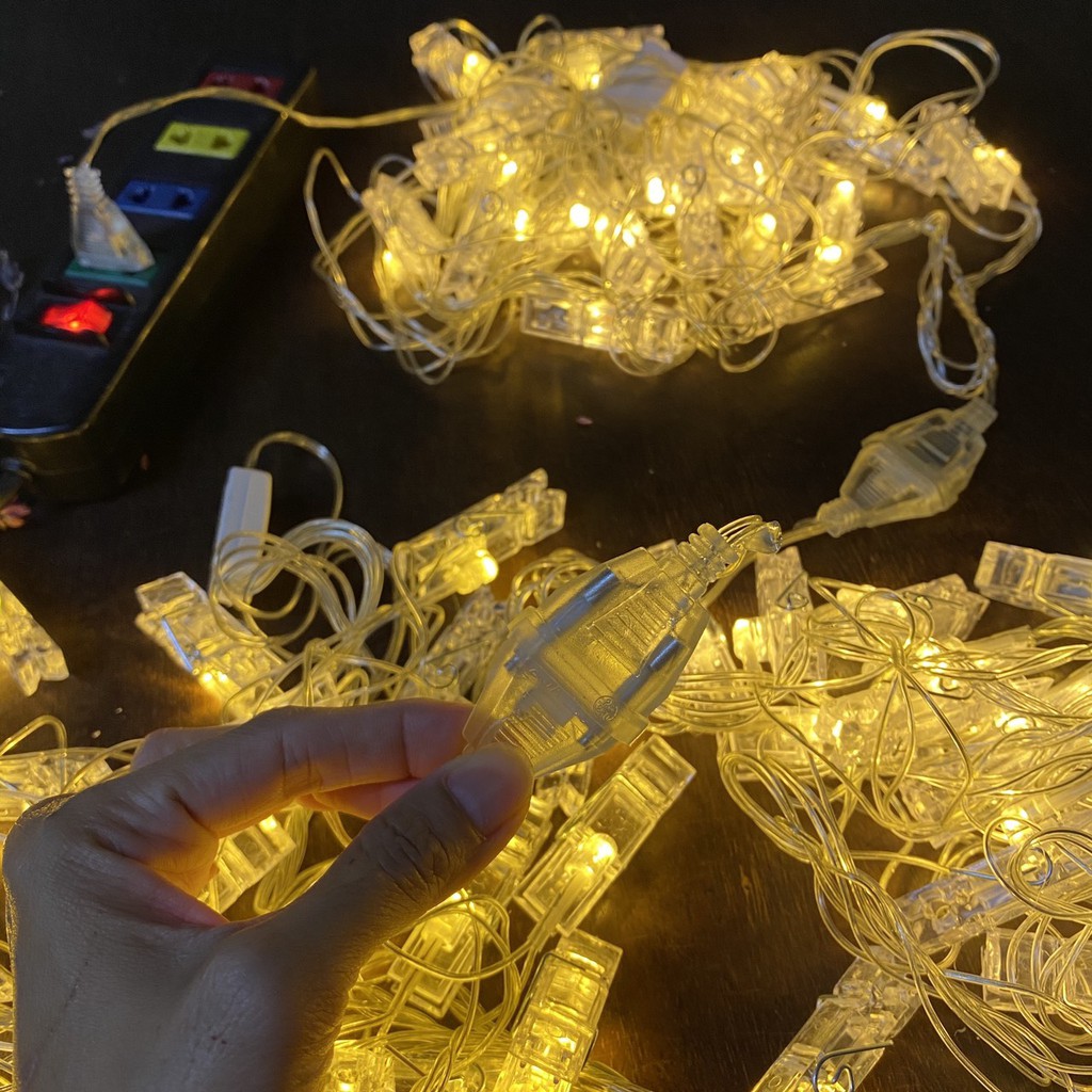 Cắm Điện- Dây Kẹp Ảnh Trang Trí Dài 3 Mét 20 Kẹp Led, Màu Vàng Nắng, Có Phích Nối Dây