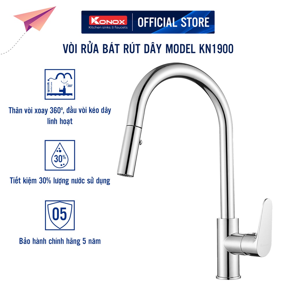 Vòi rửa bát rút dây KONOX KN1900 hợp kim đồng 61% tiêu chuẩn Châu Âu CW617N, bề mặt xử lý công nghệ PVD Chrome 5 lớp