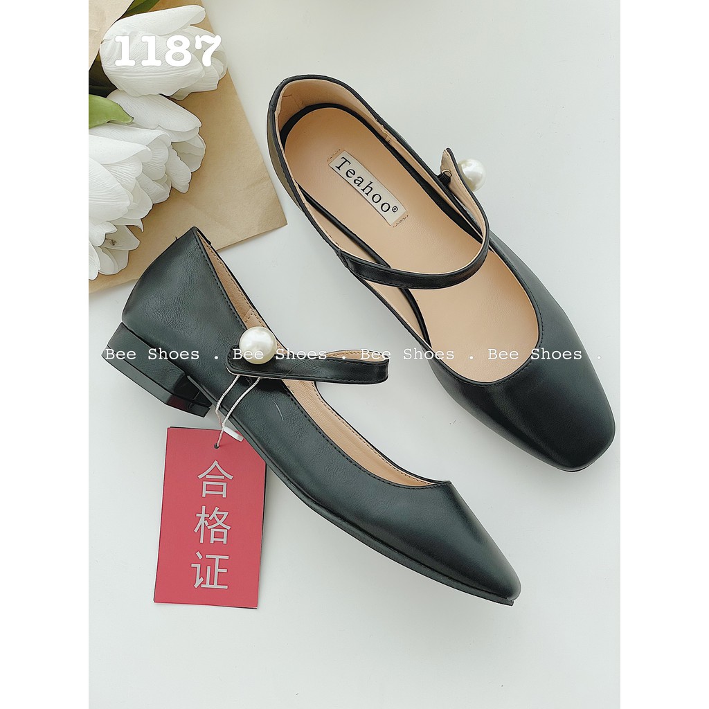 BEESHOES - GIÀY BÚP BÊ MŨI TRÒN QUAI NGANG NGỌC - GIÀY BÚP BÊ ĐẾ VUÔNG CAO 1 PHÂN SẴN MÀU ĐEN - KEM - BE 201187