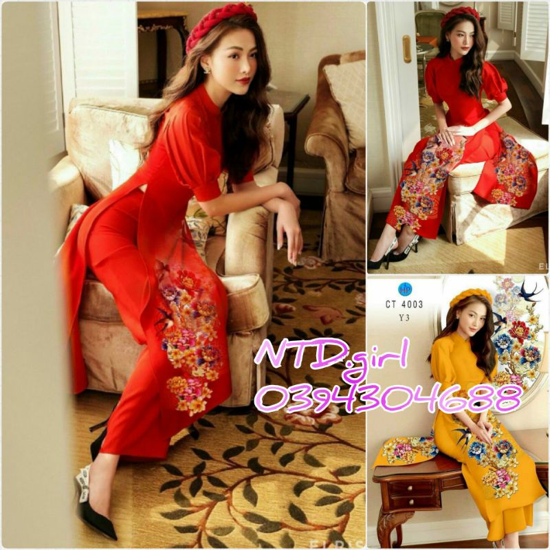 Thiết kế - Set bộ áo dài cách tân lụa tuyết in chim én và hoa, sét áo dài truyền thống tay phồng sang trọng