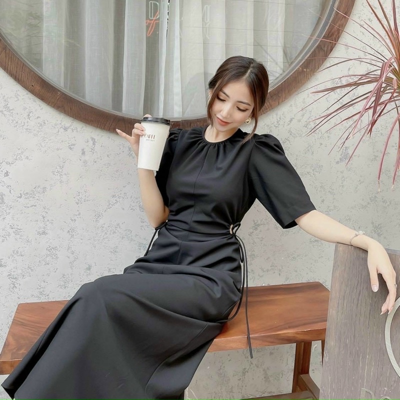 Đầm tiểu thư khoét eo dây rút dạo phố dự tiệc sang trọng