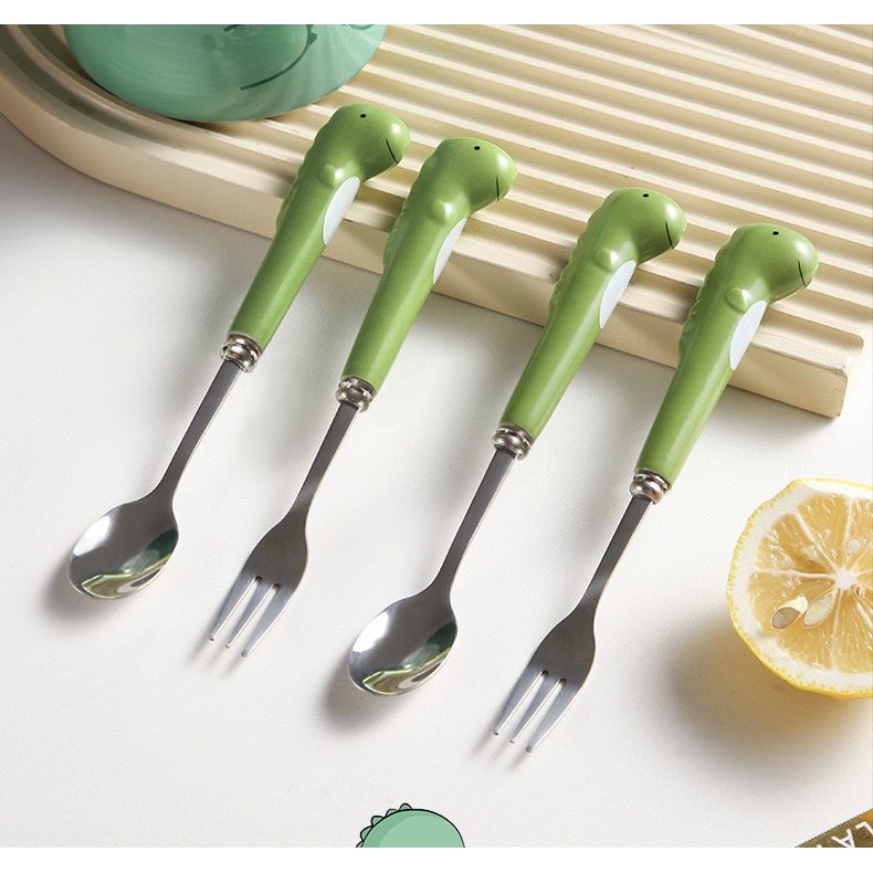 Thìa dĩa khủng long cho bé yêu bộ bát đĩa decor siêu đáng yêu