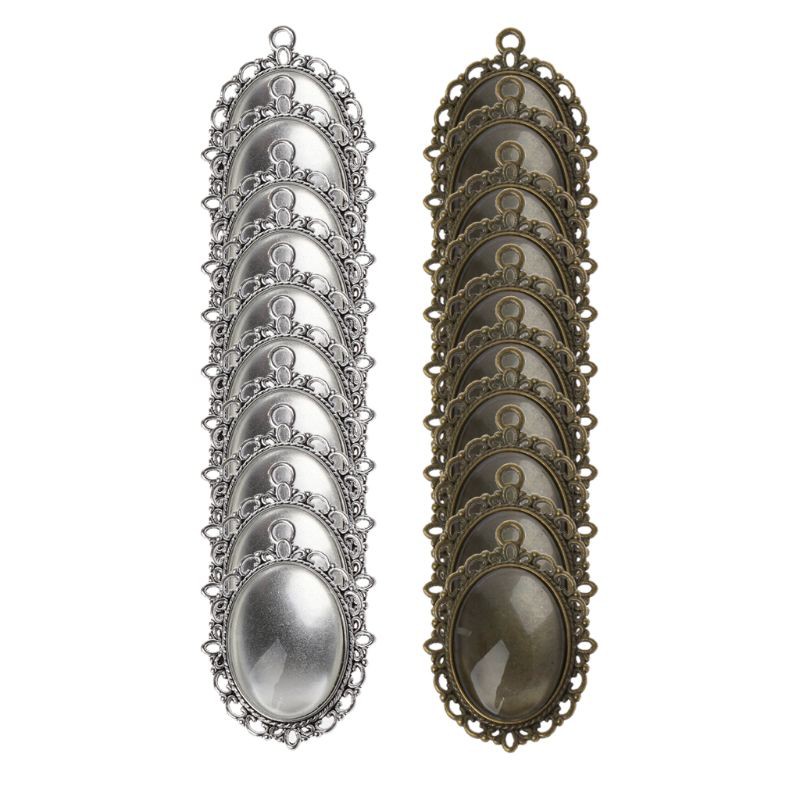 Set 10 khay mặt dây chuyền và 10 miếng cabochons thủy tinh hình oval tự làm trang sức thủ công