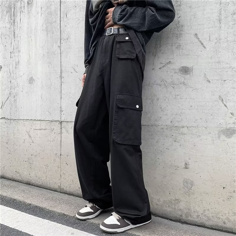 Quần Dài Ống Rộng Lưng Thấp Phối Túi Lớn Phong Cách Hàn Quốc Thời Trang Cho Nam Và Nữ