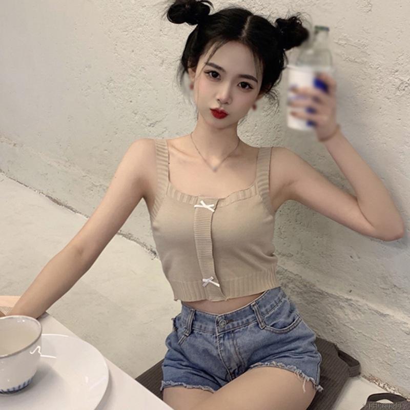 Áo Tank Top Dệt Kim Màu Trơn Thiết Kế Ngọt Ngào Cho Nữ