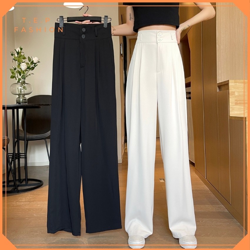 Quần ống suông rộng nữ culottes cạp siêu cao 2 khuy khóa trước vải tuyết mưa Quần ống rộng suông nữ lưng cao đi học sinh