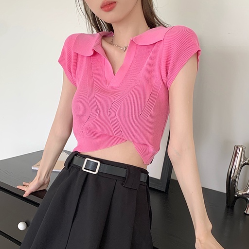 QKOOLE  Áo Croptop Dệt Kim Tay Ngắn Phong Cách Vintage Hàn Quốc