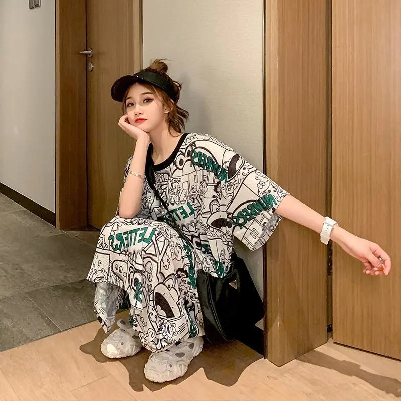 Đầm Ngủ Dáng Rộng Cổ Tròn In Họa Tiết Hoạt Hình Kiểu Hàn Quốc Thời Trang Xuân Hè Cho Nữ C8342 45-100KG
