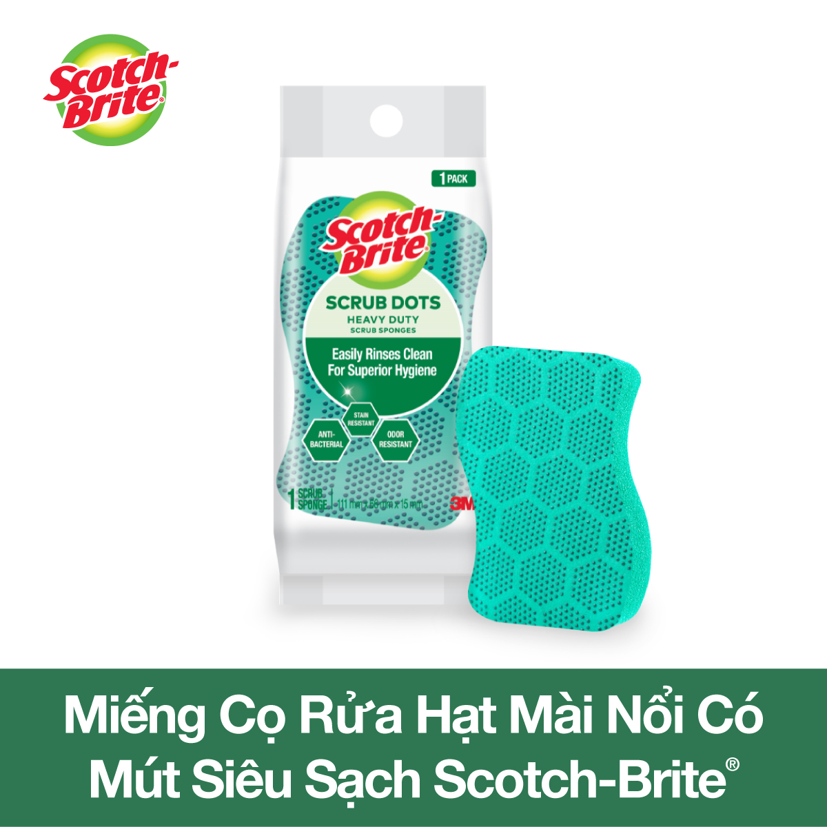 Combo 2 Miếng rửa chén hạt nổi siêu sạch Scotch Brite 3M đa năng, mút kháng khuẩn, không bám cặn bẩn gây mùi màu xanh