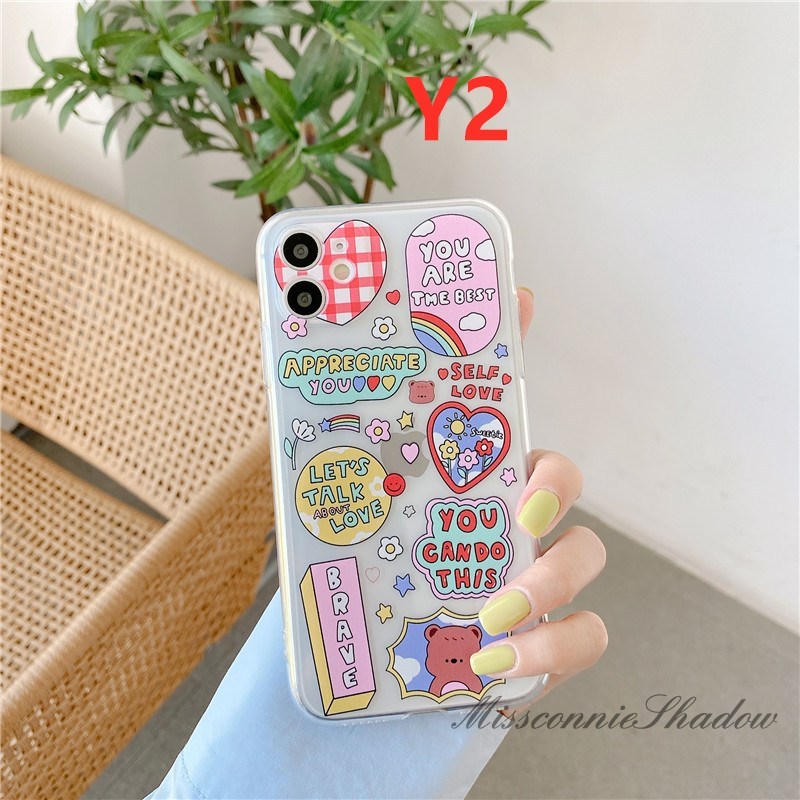 Casing Oppo A53 2020 Reno4 A12 A5 A9 2020 A37 A3s A5s A1K A52 A92 A7 A71 F7 F9 F9Pro F11 A12 A31 Reno 2F Ins Cute Cartoon Lable Sticker Clear Soft Cover