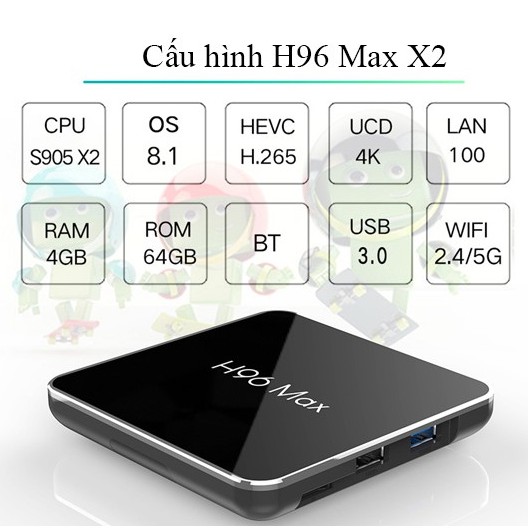 tivi thông minh H96 MAX X2 Android TV 8.1 Chip S905X2 RAM 4GB ROM 32GB cài sẵn ứng dụng xem phim HD và truyền hình cáp