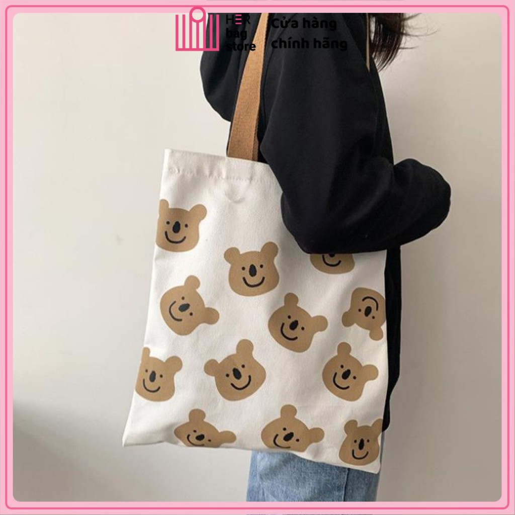 Túi Tote Vải Canvas Nữ xách tay đeo vai Hàn Quốc cao cấp In Hình chú gấu conl kute xinh xắn giá rẻ HB070