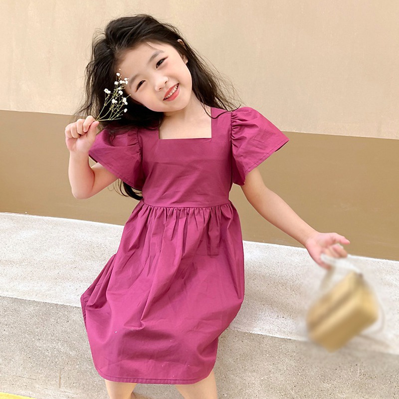 Đầm Công Chúa Tay Ngắn Màu Trơn Phong Cách Hàn Quốc Thời Trang Mùa Hè Cho Bé Gái Se7en