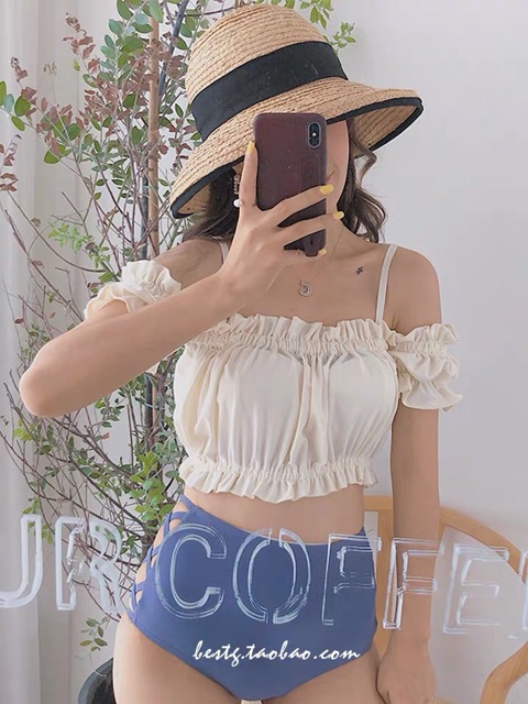 Bikini Đi Biển Đồ Bơi Nữ Cạp Cao Quảng Châu Hot Hit Trễ Vai Bánh Bèo K5-B1