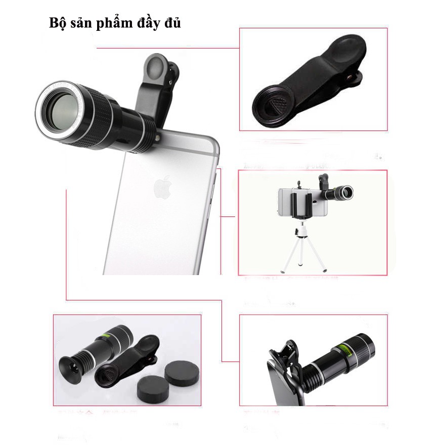 Lens 20x cho điện thoại, tặng kèm kẹp, tripod và giá đỡ điện thoại
