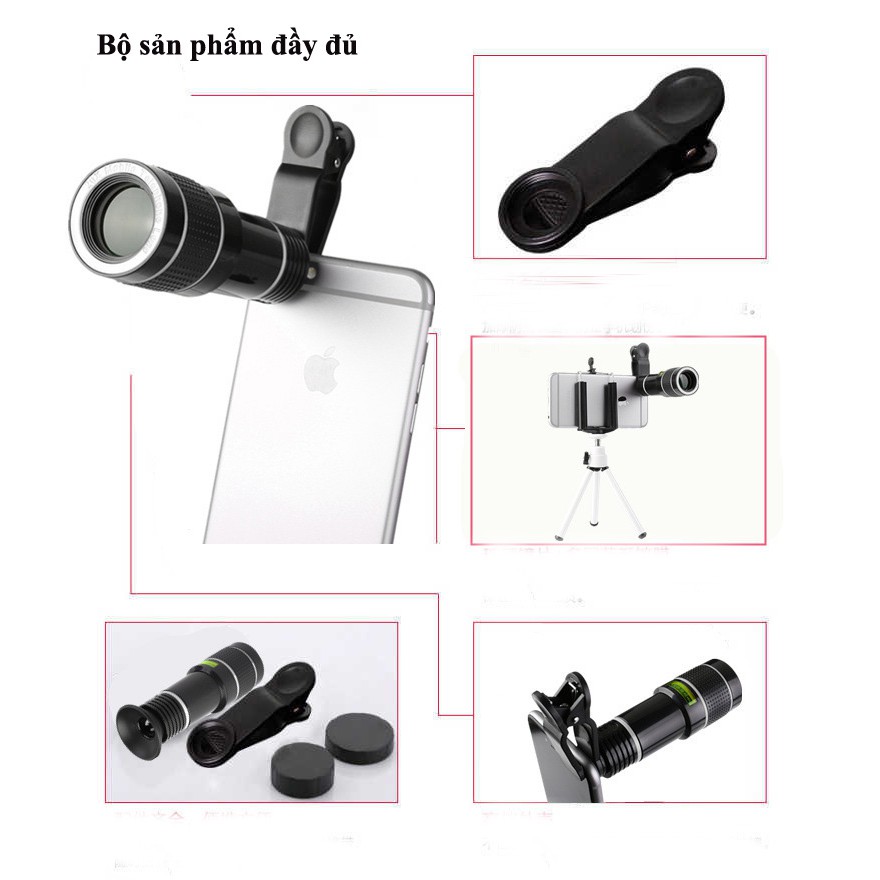 Lens điện thoại 20x lens zoom nhìn siêu xa, tặng kèm tripod và giá đỡ điện thoại