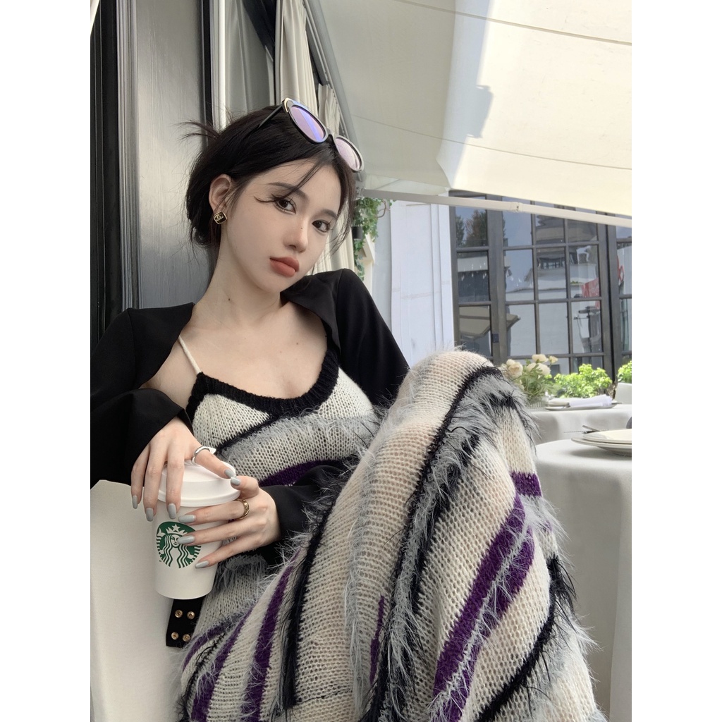 Đầm Hai Dây Dệt Kim Kẻ Sọc Phối Màu Tương Phản Phong Cách Retro Pháp