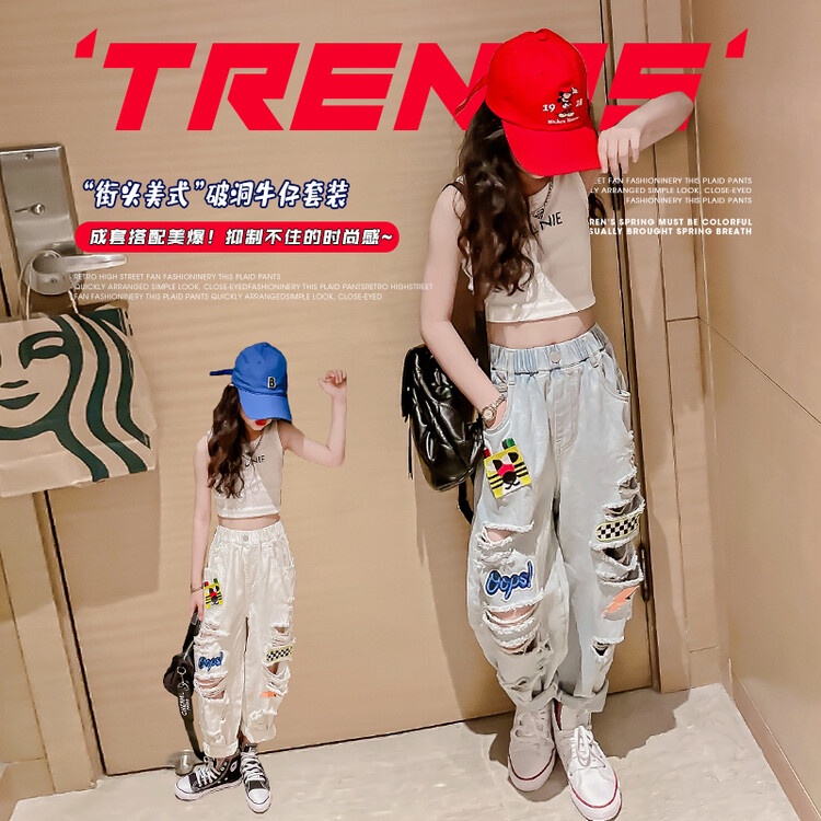 Set Áo Thun Không Tay Kèm Quần Jeans Rách Thời Trang Mùa Hè Cho Bé Gái 170 Độ