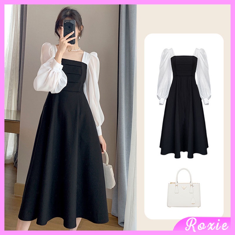 Váy vintage dáng dài tiểu thư kiểu tay bồng, Váy xòe dài tay nữ dáng suông ulzzang Hàn Quốc