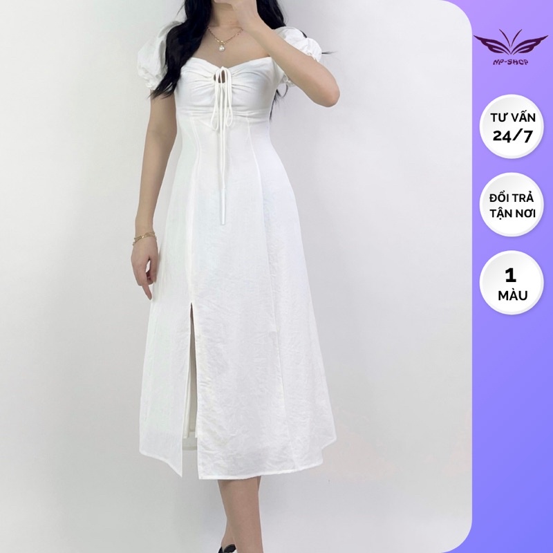 Đầm nữ NPSHOP dáng dài rút ngực tay phồng xẻ màu trắng NPDAM008