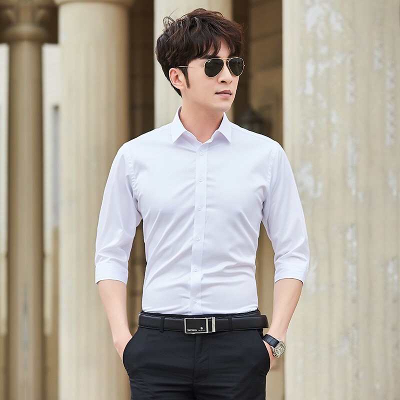 Áo sơ mi nam Trắng - Xám chất Lụa kiểu dáng slim fit lên form cực đẹp | BigBuy360 - bigbuy360.vn