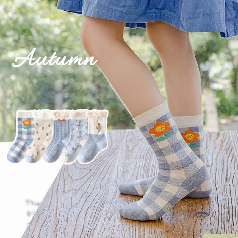 Set 5 đôi vớ cotton mềm mại thoáng khí in họa tiết hoa xinh xắn dễ thương cho bé gái