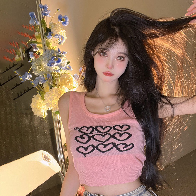Áo Croptop Sát Nách Cổ Tròn Hoạ Tiết Trái Tim Cho Nữ