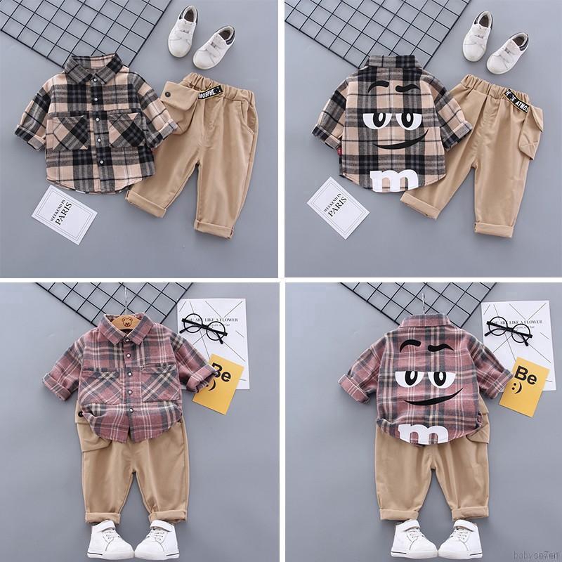 Set Áo Sơ Mi Tay Dài Kẻ Sọc Caro Phối Quần Dài Thời Trang Cho Bé Trai Se7