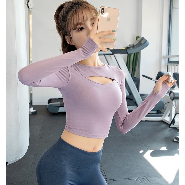 Áo croptop nữ big size dài tay ôm body khoét ngực sexy, áo croptop tập gym yoga tay dài CROP10