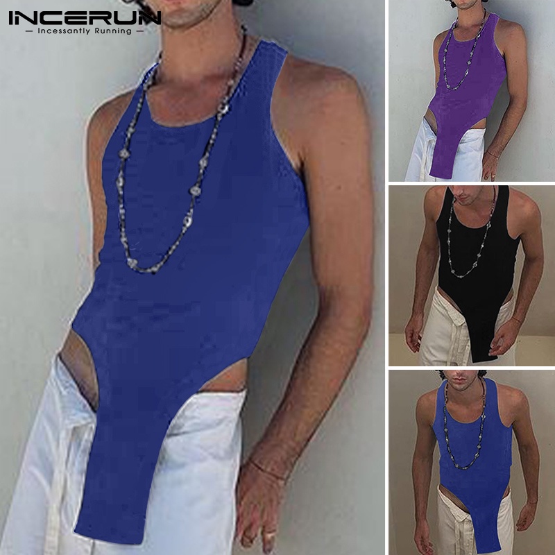 Áo kiểu INCERUN không tay màu trơn bất đối xứng phong cách thời trang dành cho nam