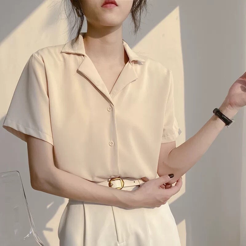 WANG JIAO ZHAN Áo Sơ Mi Ngắn Tay Màu Trơn Phong Cách retro Hàn Quốc Mới
