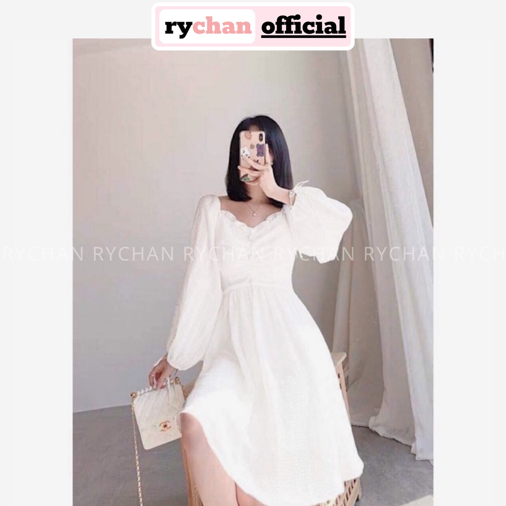 Đầm Nữ Dự Tiệc Dáng Xòe Cổ V Bèo Tay Dài Phồng Thắt Nơ Cực Bánh Bèo Màu Trắng[ẢNH THẬT CUỐI] -  DX9829