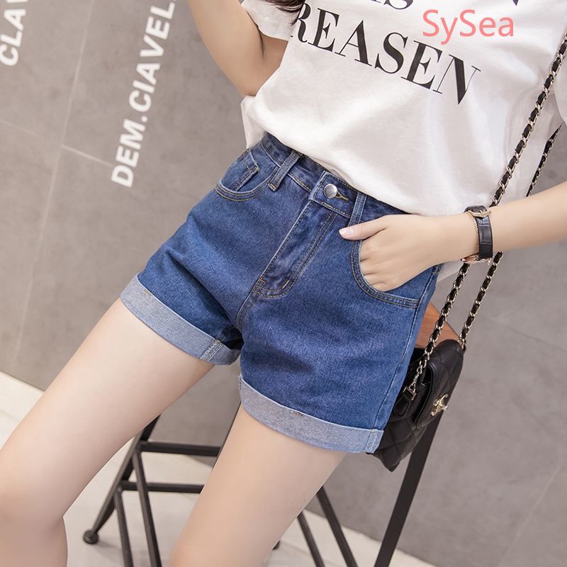 Quần đùi denim lưng cao ống rộng phong cách mùa hè Hàn cho học sinh kèm dây nịt