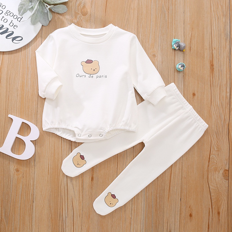 Bộ Áo Liền Quần Dài Tay Vải Cotton Mềm In Hình Gấu Dễ Thương Cho Bé