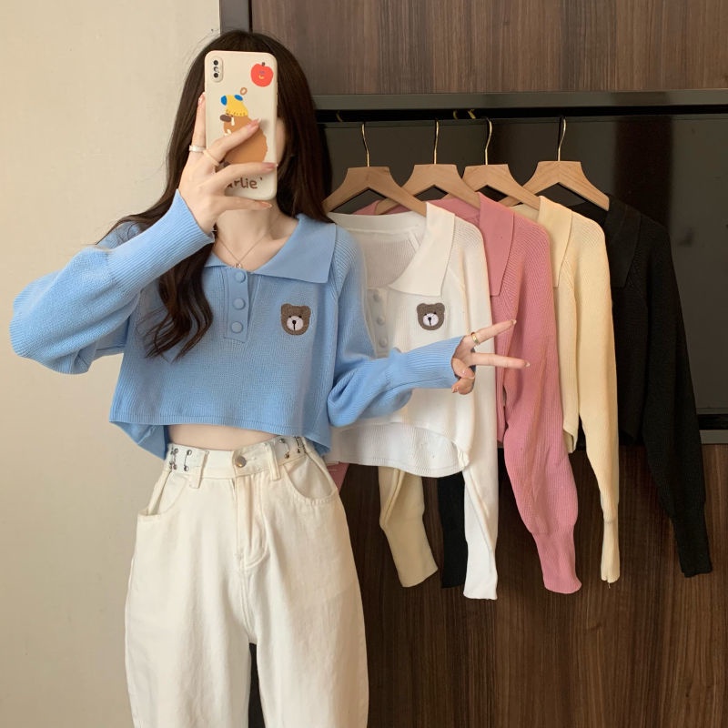 Áo sweater Tay Phồng Cổ Bẻ Thêu Hình Gấu Dễ Thương Phong Cách Hàn Quốc Thời Trang Mùa Thu