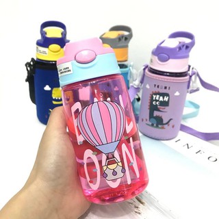 Bình Nước Trẻ Em  450ml có dây deo kèm ống hút tiện lợi, Bình tập uống nước cho bé mang đi học