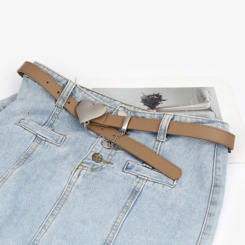 Thắt Lưng Da PU Màu Trơn Phối Dây Xích Trái Tim Kim Loại Phong Cách Harajuku Mới