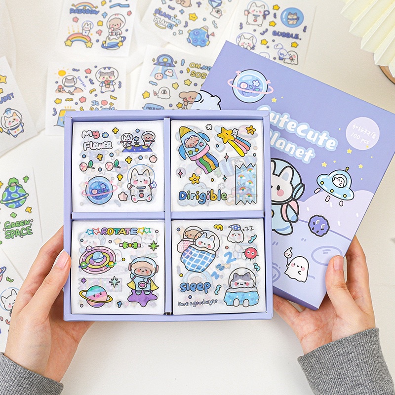 🌸 Set 100 tấm sticker nhãn dán trang trí chất liệu giấy họa tiết dễ thương🌸